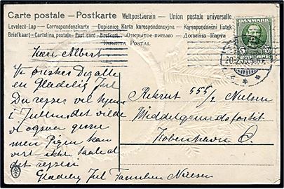 5 øre Fr. VIII på julekort annulleret med utydelig stempel d. 20.12.1908 til soldat på Middelgrundfortet via København Ø.