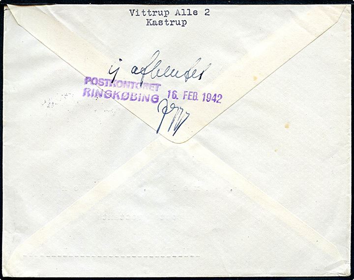 5 øre Bølgelinie i fireblok fra hæfte på isluftpostbrev fra Rønne d. 2.2.1942 til poste restante i Ringkøbing. Returneret fra Ringkøbing d. 16.2.1942 som ikke afhentet.-