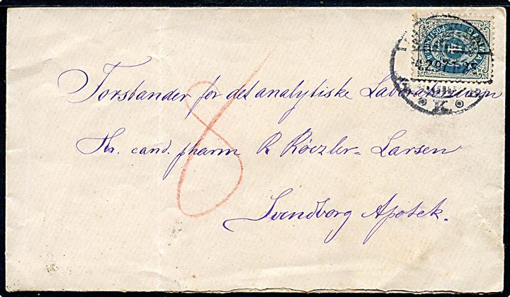 4 øre Tofarvet på underfrankeret brev fra Kjøbenhavn d. 4.2.1897 til Svendborg. Udtakseret i 8 øre porto.