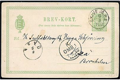 5 øre Våben helsagsbrevkort annulleret med lapidar Skive JB.P.E. d. 6.3.1890 via København til Nexø på Bornholm.