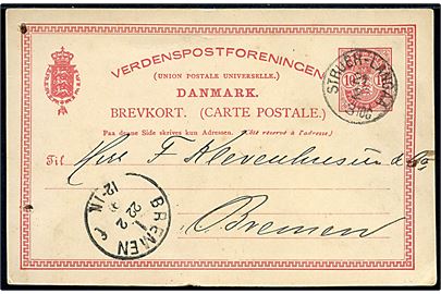 10 øre Våben helsagsbrevkort fra Viborg annulleret med lapidar bureaustempel Struer - Langaa 3 Tog d. 21.2.1891 til Bremen, Tyskland. 2 nålehuller.