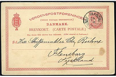 10 øre Våben helsagsbrevkort fra Faaborg annulleret med lapidar bureaustempel Ringe - Faaborg 7 Tog d. 24.9.1890 til Flensburg, Tyskland.
