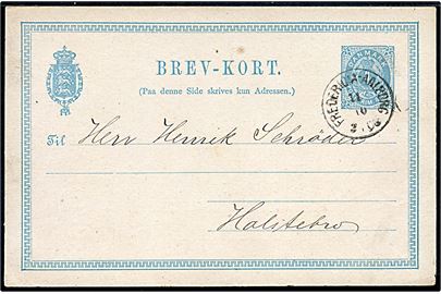 4 øre helsagsbrevkort med fortrykt meddelelse fra Hadsten Mølle annulleret lapidar bureaustempel Fredericia - Aalborg 2 Tog d. 11.10.1880 til Holstebro.
