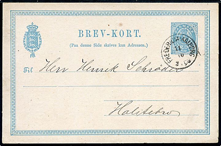 4 øre helsagsbrevkort med fortrykt meddelelse fra Hadsten Mølle annulleret lapidar bureaustempel Fredericia - Aalborg 2 Tog d. 11.10.1880 til Holstebro.