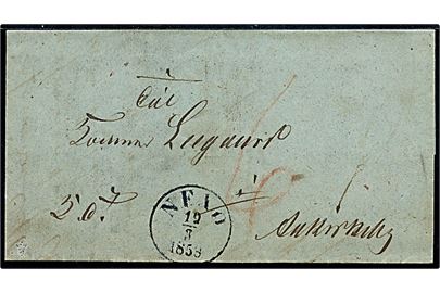 1858. Ufrankeret tjenestebrev påskrevet K.T. med antiqua Nexø d. 19.3.1858 til Aakirkeby. Påskrevet 6 sk. porto. Fuldt indhold.