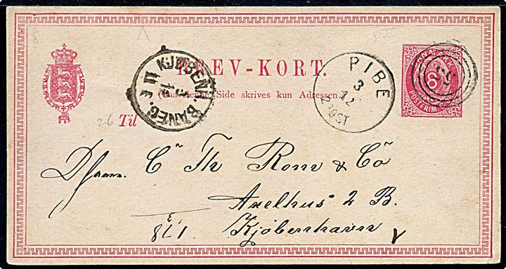 8 øre helsagsbrevkort annulleret med nr.stempel 55 og sidestemplet lapidar Ribe d. 3.12.1880 til København.