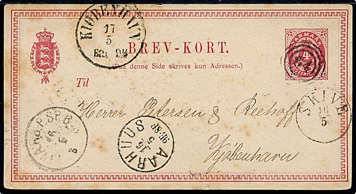 4 sk. helsagsbrevkort annulleret med nr.stempel 64 og sidestemplet antiqua Skive d. 16.5.1871 via Aarhus til Kjøbenhavn.