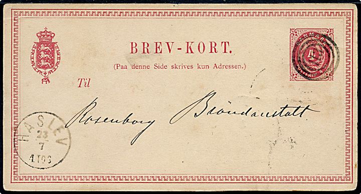 4 sk. helsagsbrevkort dateret Sophiendal annulleret med nr.stempel 113 og sidestemplet lapidar Haslev d. 23.7.1871 til København.