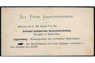 4 øre helsagsbrevkort med fortrykt meddelelse fra Sct. Petri Gemeindeverein sendt lokalt i Kjøbenhavn.