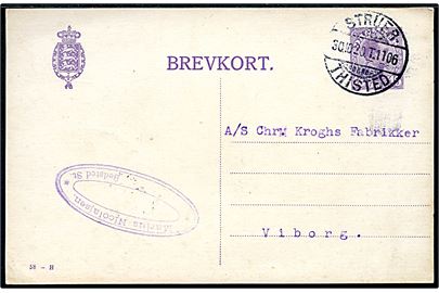 15 øre Chr. X helsagsbrevkort (fabr. 58-H) fra Bedsted annulleret med bureau Struer - Thisted T.1106 d. 30.10.1620 til Viborg.