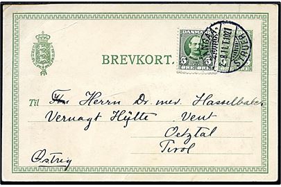 5 øre Fr. VIII helsagsbrevkort opfrankeret med 5 øre Fr. VIII annulleret med bureau Langaa - Struer T.1021 d. 2.8.1911 til Oelztal, Tirol, Østrig.