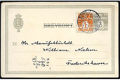 3 øre helsagsbrevkort opfrankeret med 1 øre Bølgelinie sendt som tryksags advis og annulleret med bureaustempel Aalborg - Frederikshavn T.927 d. 14.2.1912 til Frederikshavn.