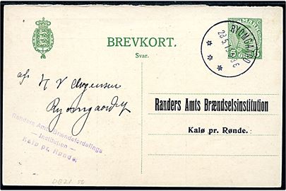 5 øre Chr. X svardel af dobbelt helsagsbrevkort annulleret med brotype IIIb Ryomgaard d. 28.5.1919 til Randers Amts Brændselsinstitution Kalø pr. Rønde. 
