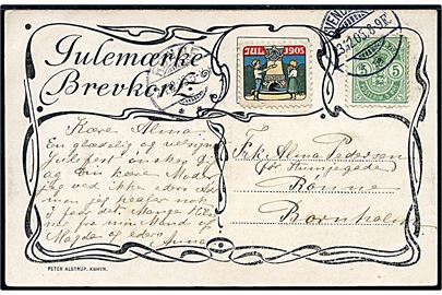 5 øre Våben og Julemærke 1905 på særligt Julemærke-Brevkort fra Svendborg d. 23.12.1905 til Rønne på Bornholm.