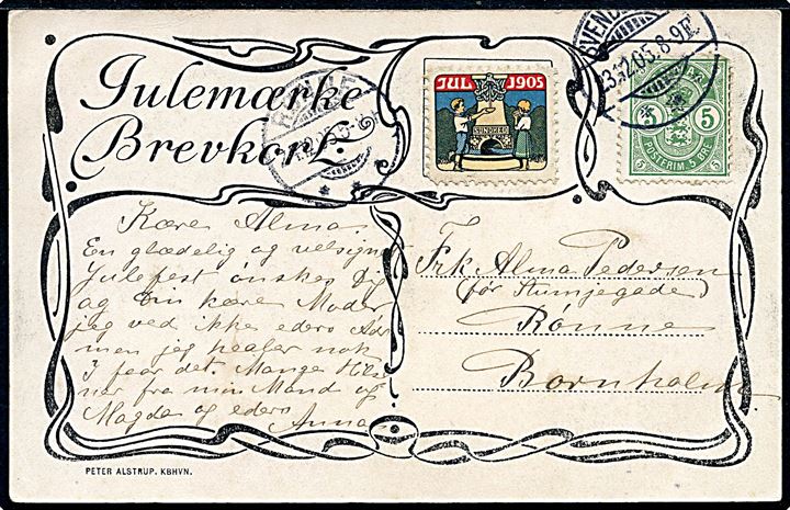 5 øre Våben og Julemærke 1905 på særligt Julemærke-Brevkort fra Svendborg d. 23.12.1905 til Rønne på Bornholm.