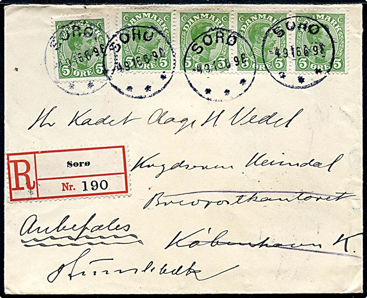 5 øre Chr. X (5) på anbefalet brev fra Sorø d. 4.3.1916 til kadet Aage H. Vedel på krydseren Heimdal, Brevpostkontoret, København K. - eftersendt til skibets station i Humlebæk.