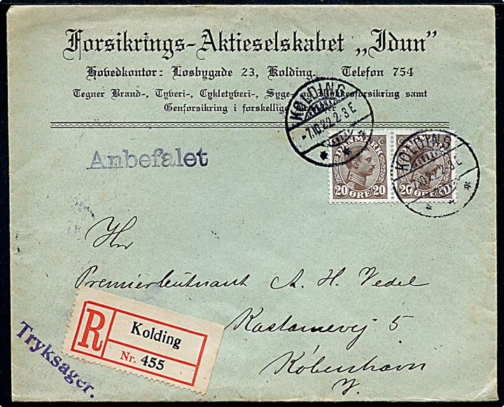 20 øre Chr. X i parstykke på anbefalet brev fra Kolding d. 7.10.1922 til København.