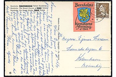 50 øre Fr. IX og Bornholms Hjemstavns forening af 1942 mærkat på brevkort stemplet Svaneke d. 15.7.1968 til Brønshøj.