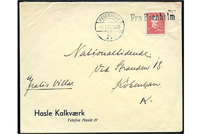 20 øre Chr. X på firmakuvert fra Hasle Kalkværk annulleret med skibsstempel Fra Bornholm og sidestemplet København d. 7.9.1947 til København.