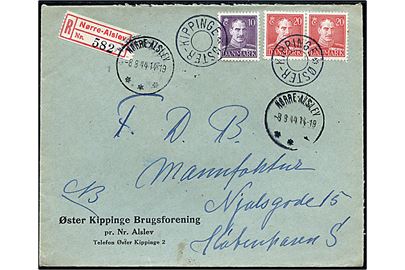 10 øre og 20 øre (par) Chr. X på anbefalet brev annulleret med udslebet stjernestempel ØSTER-KLIPPINGE og sidestemplet Nørre-Alslev d. 8.8.1944 til København.