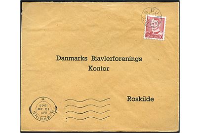 20 øre Fr. IX på brev annulleret med udslebet stjernestempel BJERGBY og sidestemplet Hjørring d. 10.6.1948 til Roskilde.