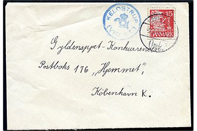 15 øre Karavel på brev annulleret København Omk. d. 2.3.1940 og sidestemplet blåt posthornstempel KELDSTRUP (VIG ST.) til København.