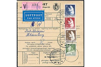 30 øre fr. IX, 1 kr., 2 kr. og 5 kr. Isbjørn på adressekort for luftpost værdipakke fra Godthåb d. 1.10.1970 til Holsteinsborg.
