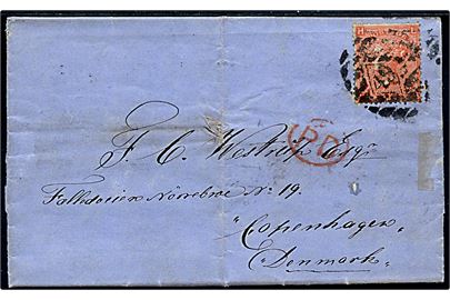 1867. 4d Victoria single på brev annulleret med nr.stempel 67 fra London d. 21.11.1867 til København, Danmark. 