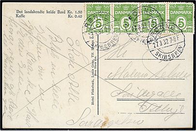 5 øre Bølgelinie (4) på søndagsbrevkort annulleret med brotype IIb Rønne Skibsbrev d. 27.3.1932 til Allinge.