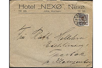 20 øre Chr. X på fortrykt kuvert fra Hotel Nexø annulleret med bureaustempel Rønne - Nexø T.6 d. 16.3.1922 til Taarbæk pr. Klampenborg. Urent åbnet.