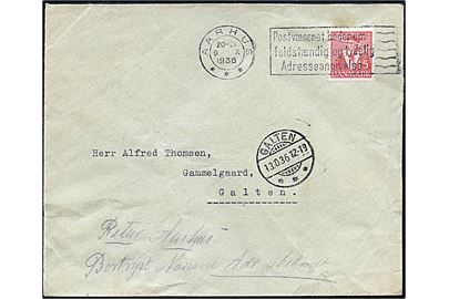 15 øre Tavsen på brev fra Aarhus d. 9.10.1936 til Galten. Retur som ubekendt med brotype Ic Galten d. 13.10.1936.