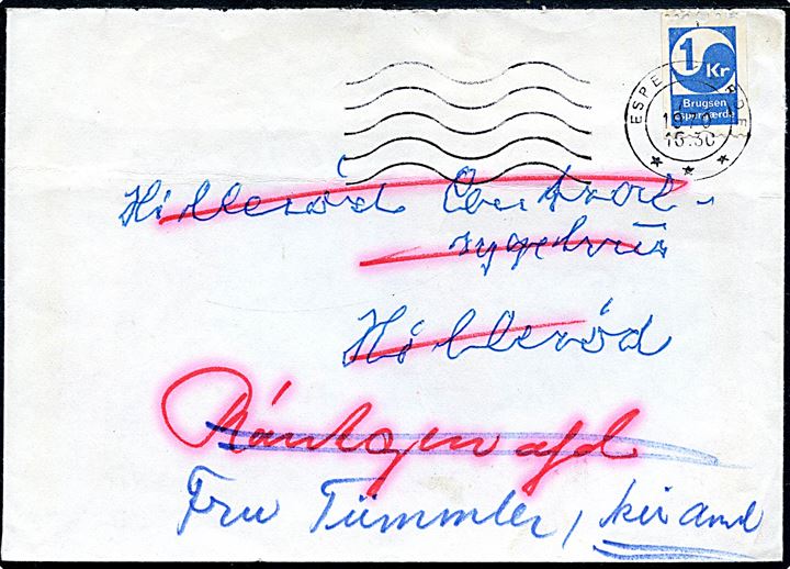 Espergærde Brugs 1 kr. dividende mærke på brev fra Espergærde d. 7.3.1970 til Hillerød. Ikke udtakseret i porto. Bagklap mgl.