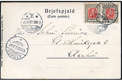 4 aur To Konger i parstykke på brevkort (Vaskehus ved varmekilder nær Reykjavik) stemplet Reykjavik d. 16.9.1907 via Kjøbenhavn til Aarhus.