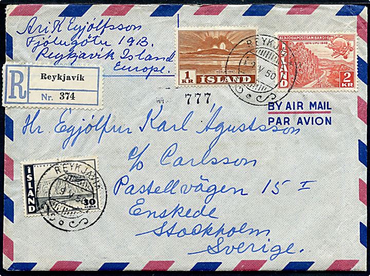 30 aur Luftpost, 1 kr. Hekla og 2 kr. UPU på 3,30 kr. frankeret anbefalet luftpostbrev fra Reykjavik d. 9.5.1950 til Stockholm, Sverige. Tape på bagsiden.