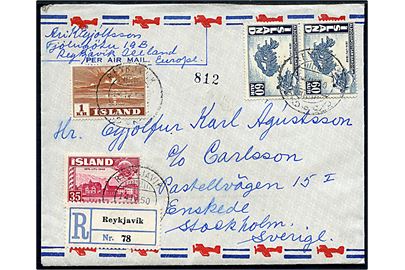 35 aur, 60 aur (par) UPU og 1 kr. Hekla på 2,55 kr. frankeret anbefalet luftpostbrev fra Reykjavik d. 14.4.1950 til Stockholm, Sverige. Tape på bagsiden.