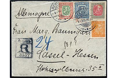 3 aur, 4 aur Chr. IX, 15 aur og 20 aur To Konger på anbefalet brev fra Reykjavik d. 4.6.1910 via Aberdeen og London til Cassel., Tyskland.