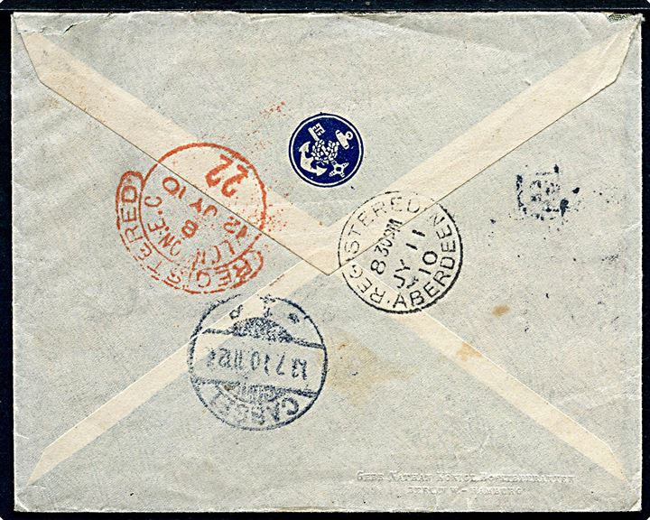 3 aur, 4 aur Chr. IX, 15 aur og 20 aur To Konger på anbefalet brev fra Reykjavik d. 4.6.1910 via Aberdeen og London til Cassel., Tyskland.