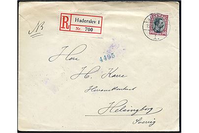 50 øre Chr. X single på anbefalet brev annulleret med brotype Vb Haderslev 1 d. 15.10.1921 til Helsingborg, Sverige.