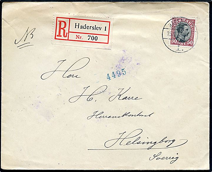 50 øre Chr. X single på anbefalet brev annulleret med brotype Vb Haderslev 1 d. 15.10.1921 til Helsingborg, Sverige.