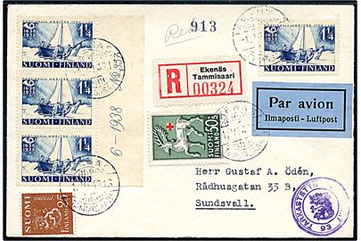 25 pen. Løve, 50+5 pen. Velgørenhed og 1 1/4 mk. Postjubilæum (4) på anbefalet luftpostbrev fra Ekenäs d. 1.6.1942 til Sundsvall, Sverige. Finsk censur.