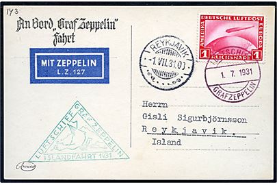 1 mk. Zeppelin udg. single på luftpost brevkort (Luftskib LZ 127 Graf Zeppelin) annulleret med violet bordstempel Luftschiff Graf Zeppelin og sidestemplet Reykjavik d. 1.7.1931 til Reykjavik. Grønt flyvningsstempel: Luftschiff Graf Zeppelin Islandfahrt 1931.