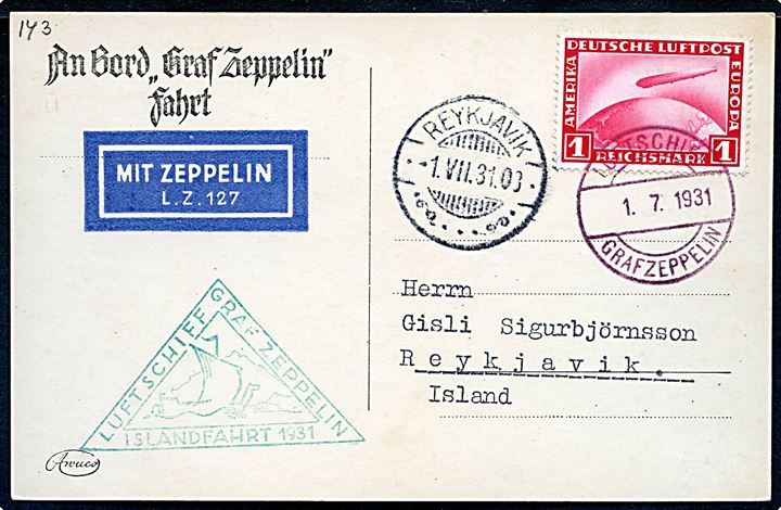 1 mk. Zeppelin udg. single på luftpost brevkort (Luftskib LZ 127 Graf Zeppelin) annulleret med violet bordstempel Luftschiff Graf Zeppelin og sidestemplet Reykjavik d. 1.7.1931 til Reykjavik. Grønt flyvningsstempel: Luftschiff Graf Zeppelin Islandfahrt 1931.