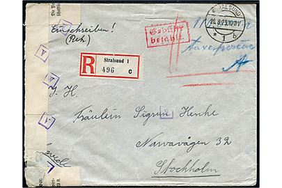 Ufrankeret 2. vægtkl. anbefalet infla-brev med påskrift 110.000 mk. Taxe percue og rammestempel Gebühr bezahlt fra Stralsund d. 28.8.1923 til Stockholm, Sverige. Åbnet af tysk toldkontrol.
