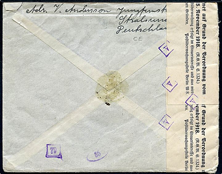 Ufrankeret 2. vægtkl. anbefalet infla-brev med påskrift 110.000 mk. Taxe percue og rammestempel Gebühr bezahlt fra Stralsund d. 28.8.1923 til Stockholm, Sverige. Åbnet af tysk toldkontrol.