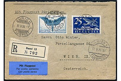 25 c. og 65 c. Luftpost på anbefalet 1.-flyvningsbrev fra Basel d. 30.5.1926 via Zürich til Wien, Østrig.