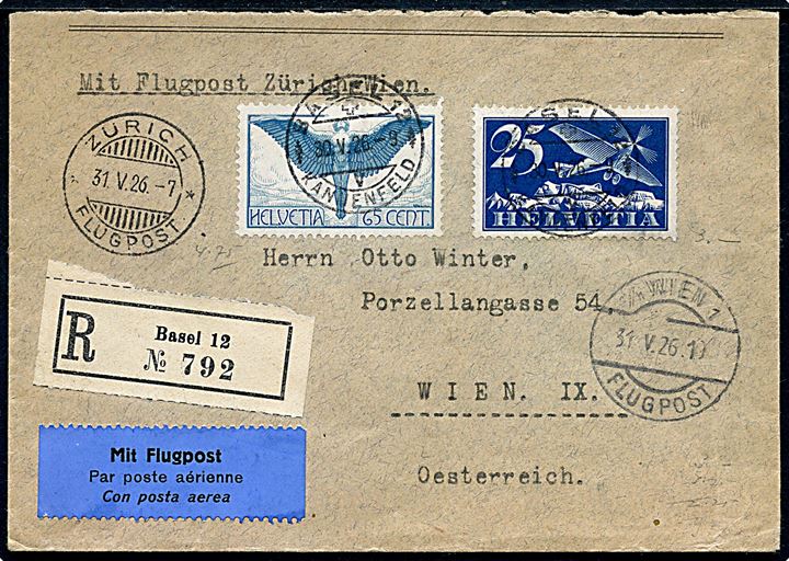 25 c. og 65 c. Luftpost på anbefalet 1.-flyvningsbrev fra Basel d. 30.5.1926 via Zürich til Wien, Østrig.