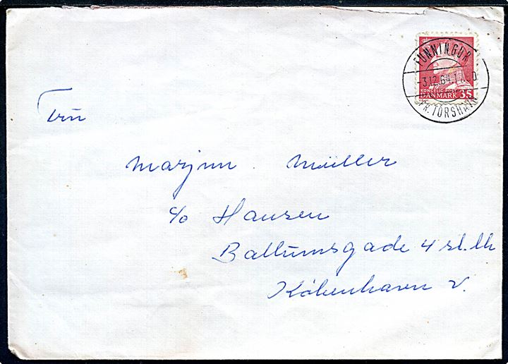 35 øre Fr. IX på brev annulleret med pr.-stempel Funningur pr. Tórshavn d. 3.12.1964 til København.
