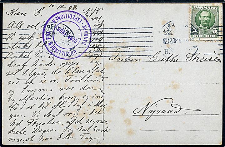 5 øre Fr. VIII på brevkort (Udstillede isbjørne) fra Kjøbenhavn d. 12.12.1908 til Nyraad. Violet sidestempel: UDSTILLINGEN FRA DANMARK-EXPEDITIONEN / DCBR 1908.