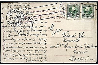 5 øre Fr. VIII i parstykke på brevkort fra Kjøbenhavn d. 9.8.1910 til korporal ved 163 Infanteri Regiment i Calvio på den franske ø Corsica.
