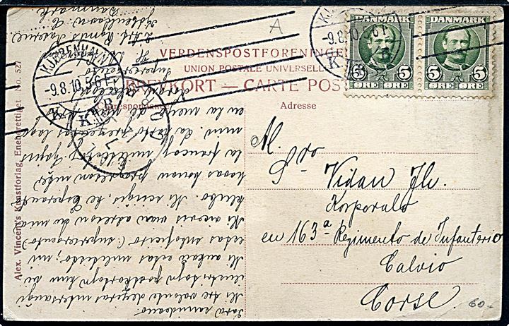 5 øre Fr. VIII i parstykke på brevkort fra Kjøbenhavn d. 9.8.1910 til korporal ved 163 Infanteri Regiment i Calvio på den franske ø Corsica.